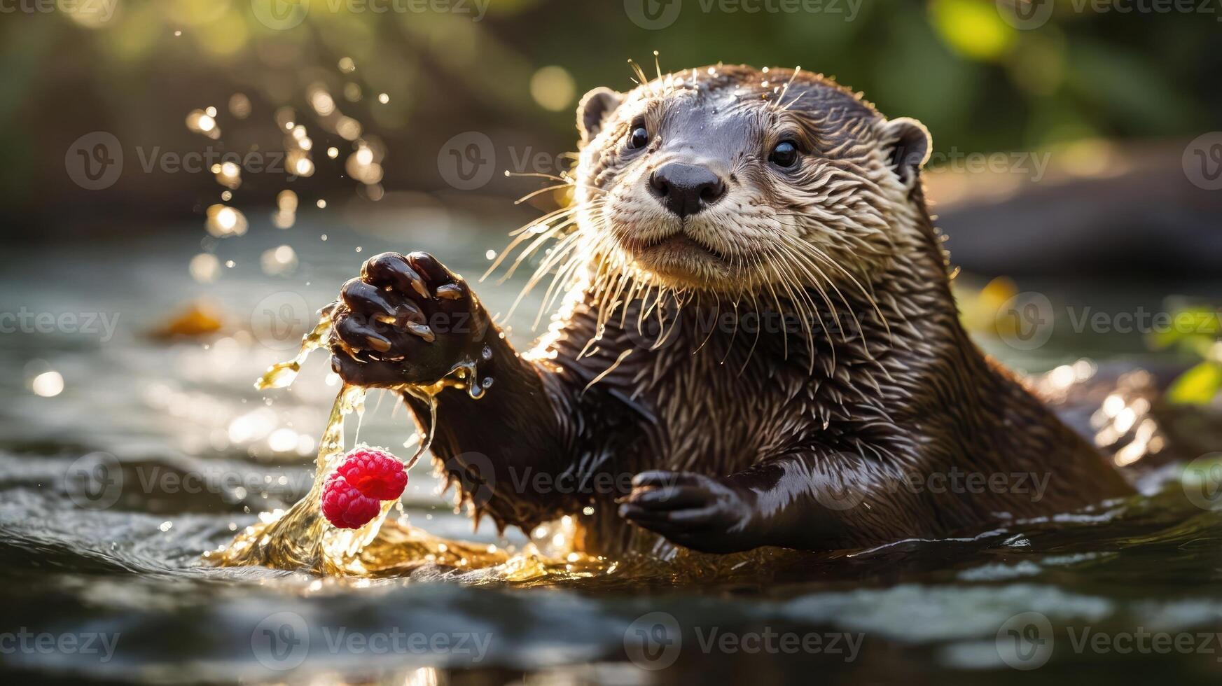 A playful otter holds a raspberry while splashing in the water. photo