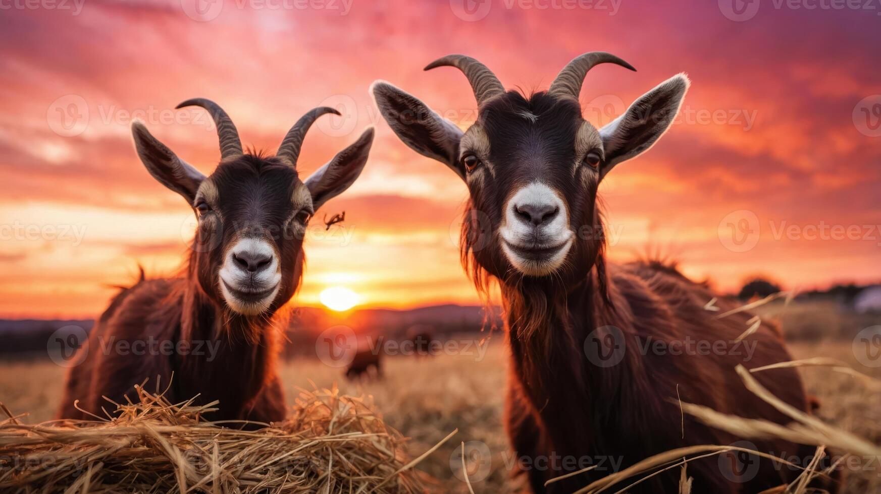 Two goats smiling in a field at sunset, surrounded by hay and a picturesque landscape. photo