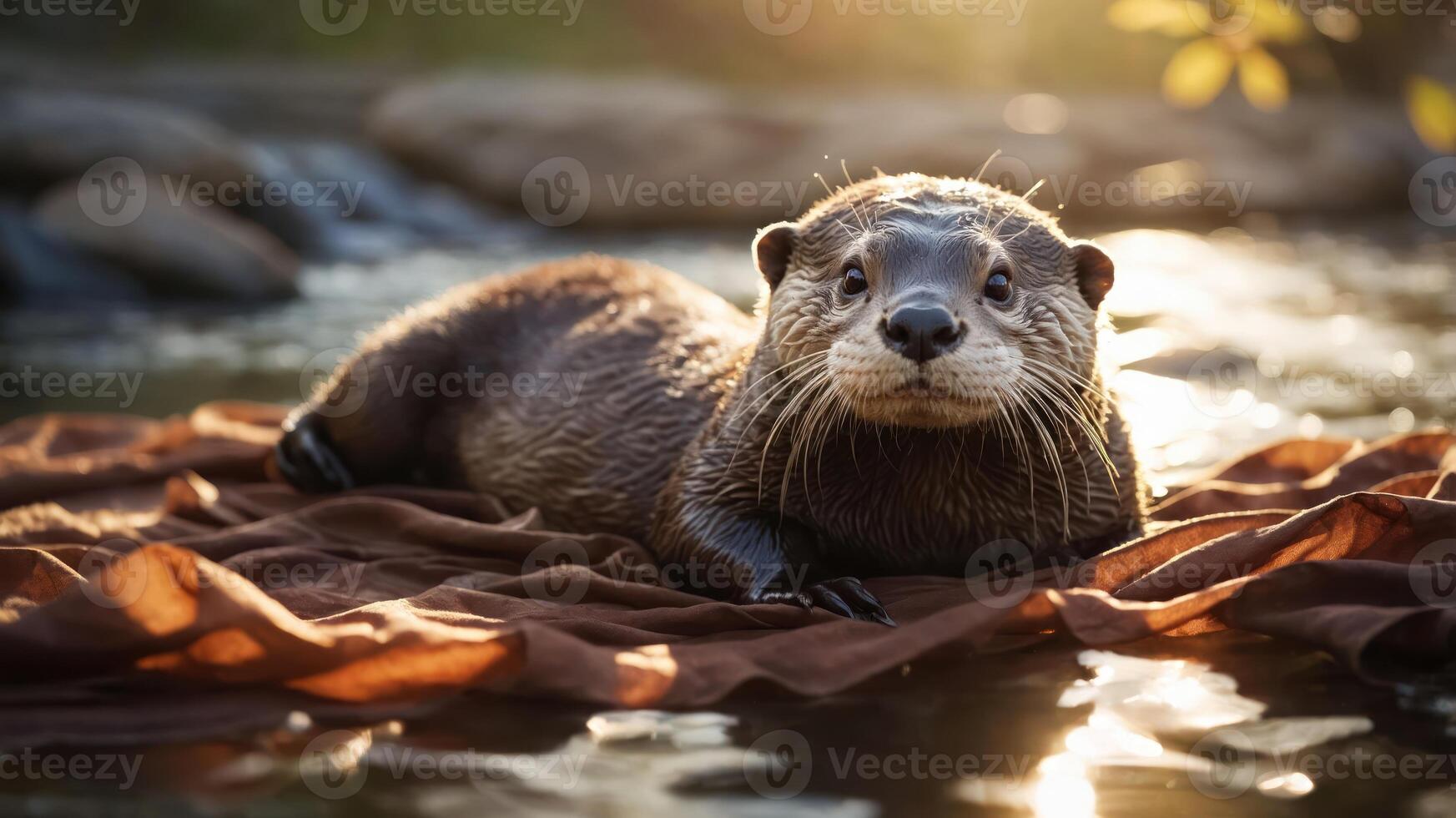A playful otter lounging on a brown cloth by a serene water body during sunset. photo