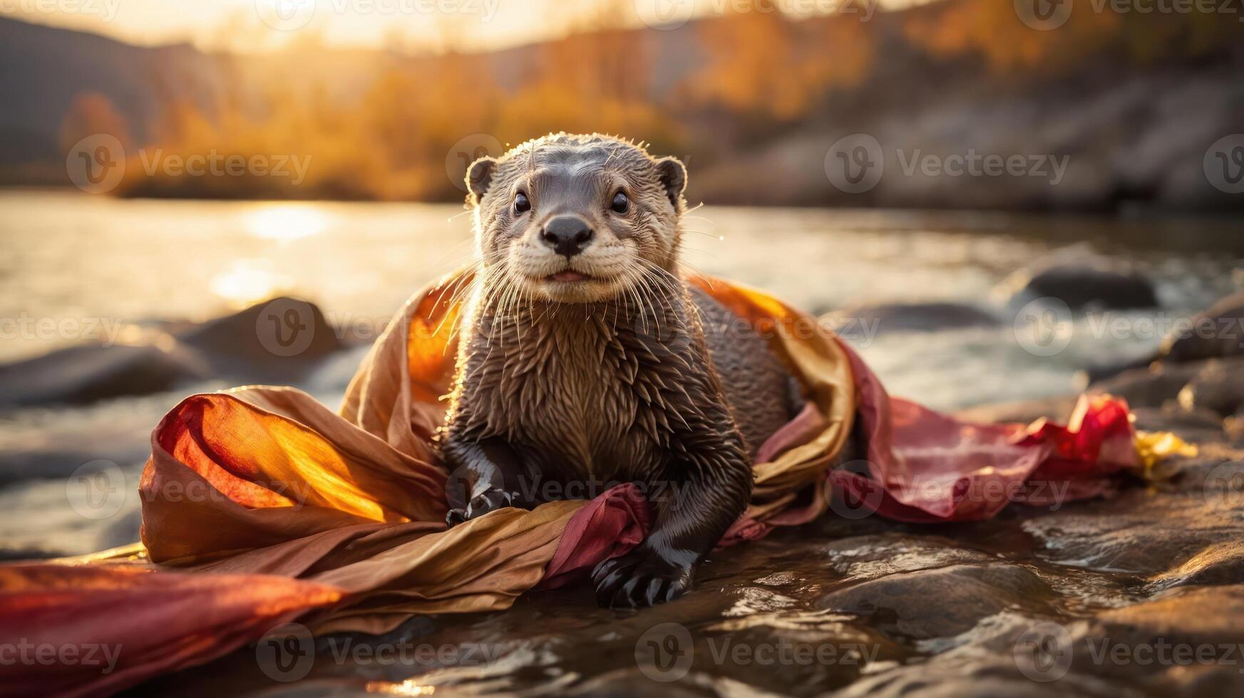 An otter poses playfully on a riverbank, draped in colorful fabric during sunset. photo