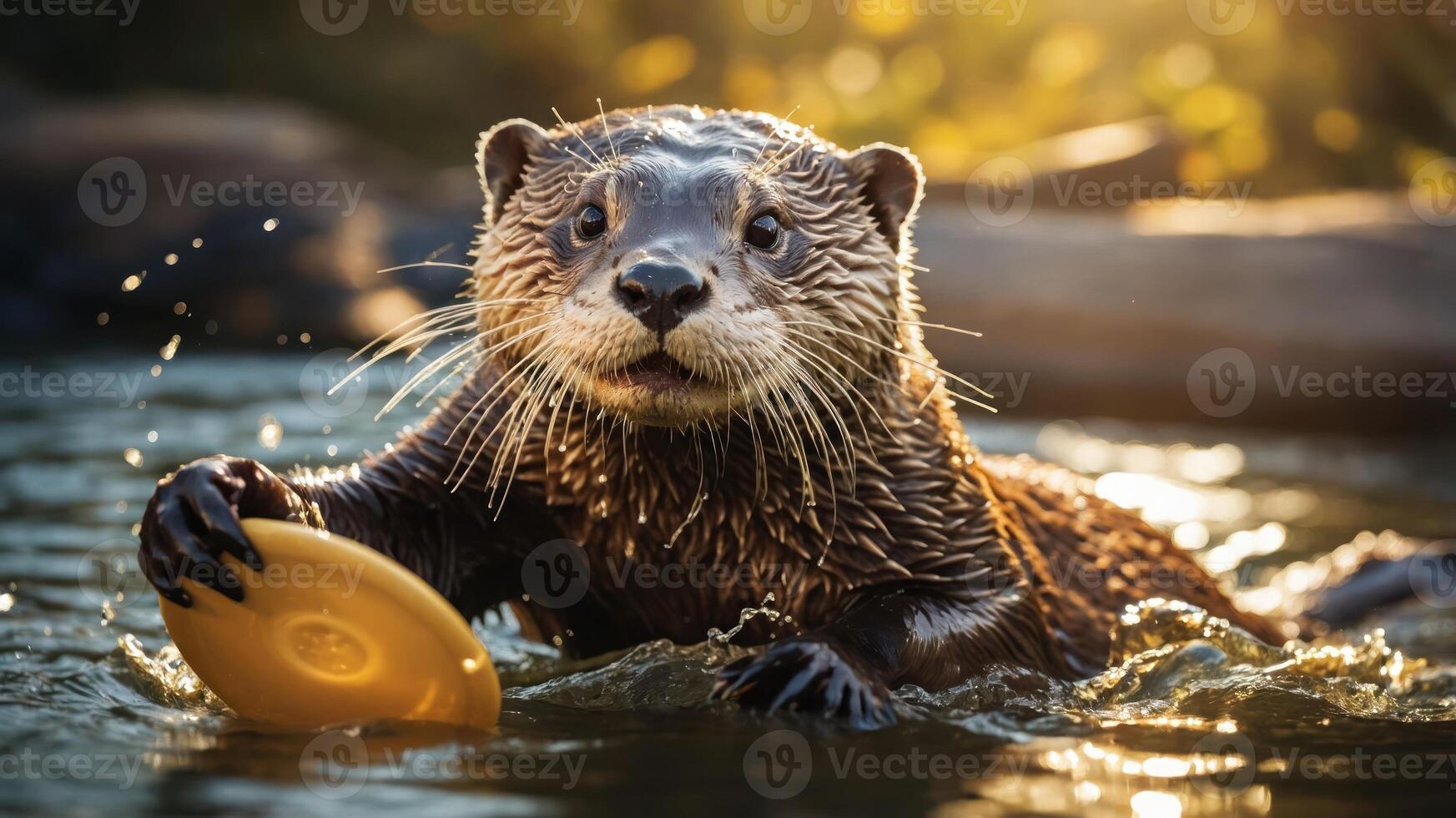 A playful otter swimming in water, holding a frisbee, illuminated by warm sunlight. photo