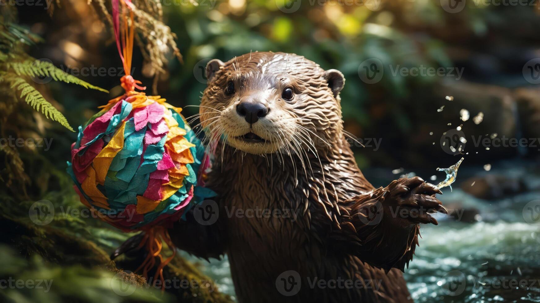 A playful otter holds a colorful piata near a stream in a lush, green environment. photo
