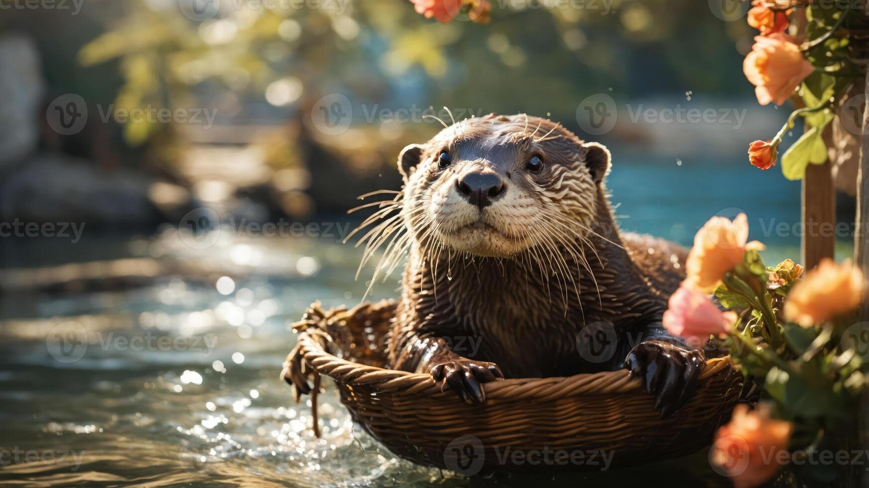 An otter lounging in a woven basket near a tranquil waterway adorned with flowers. photo