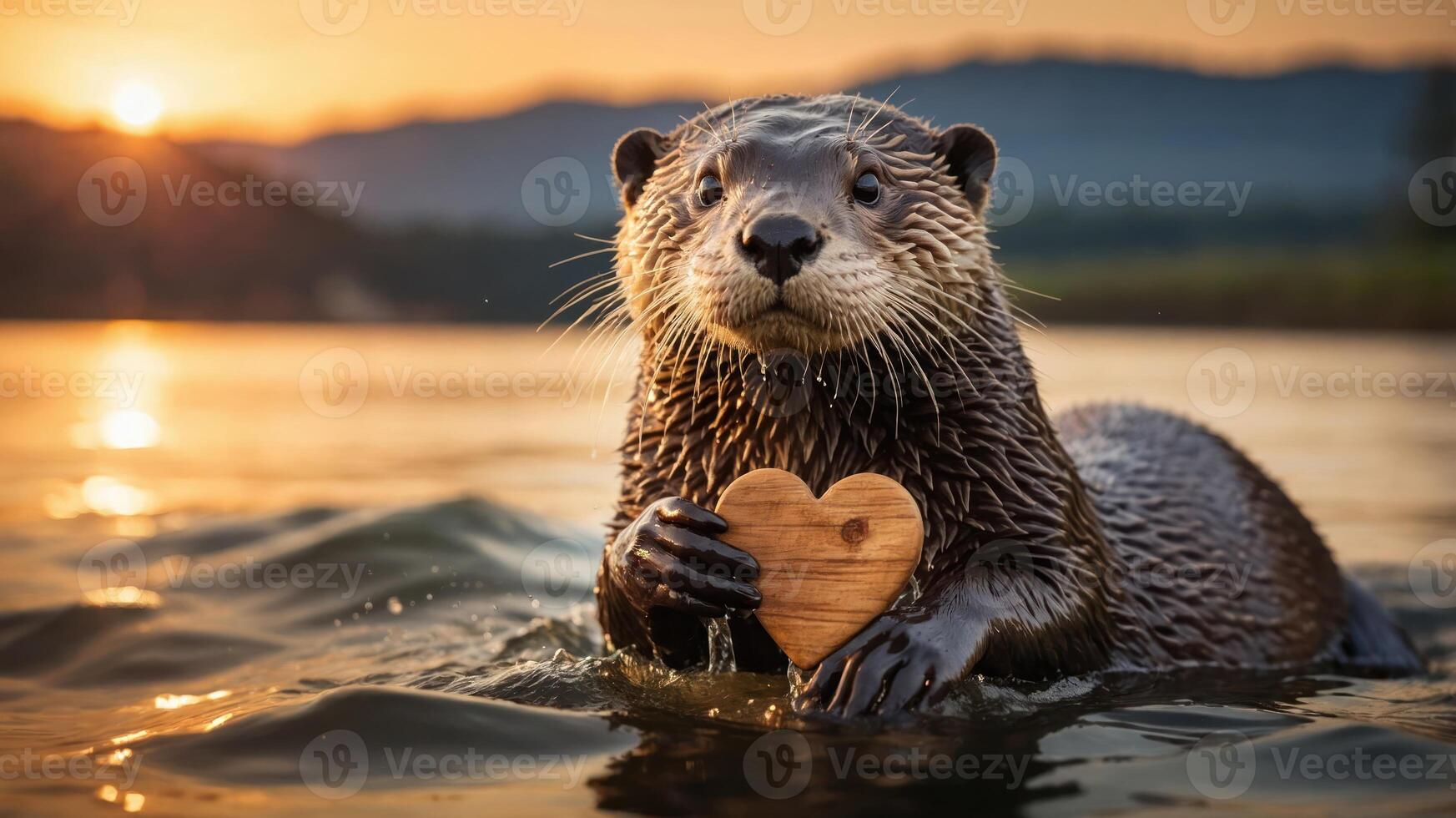 A cute otter holds a wooden heart while swimming in a serene sunset-lit environment. photo