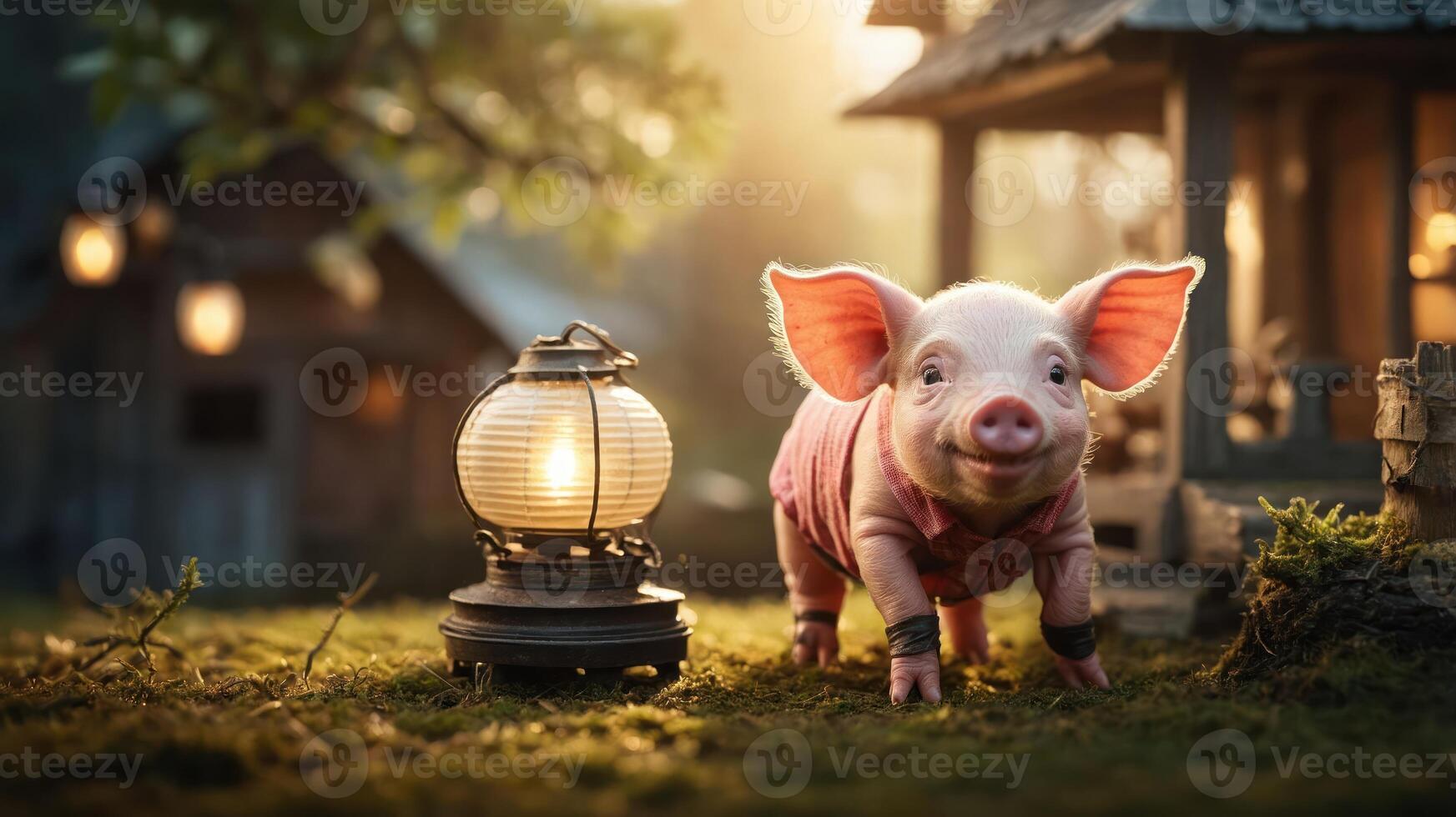 A cute piglet stands beside a lantern in a serene outdoor setting. photo