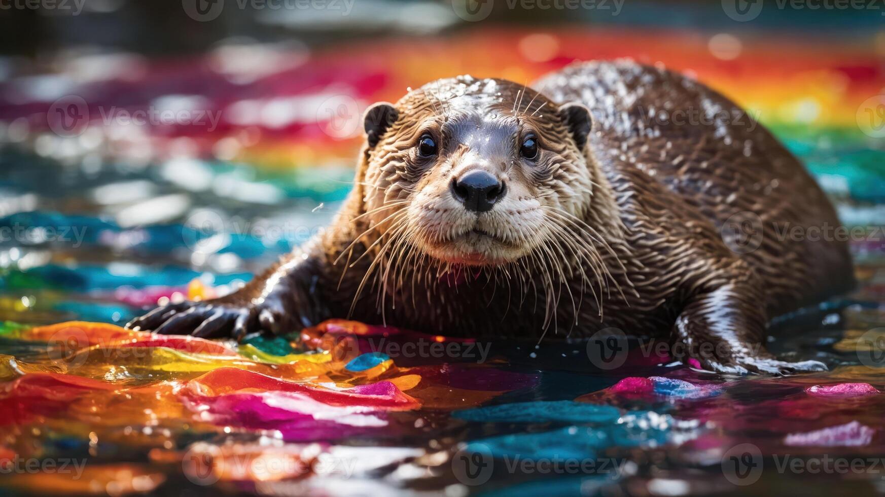 A playful otter in a colorful pool, showcasing its curious expression and vibrant surroundings. photo