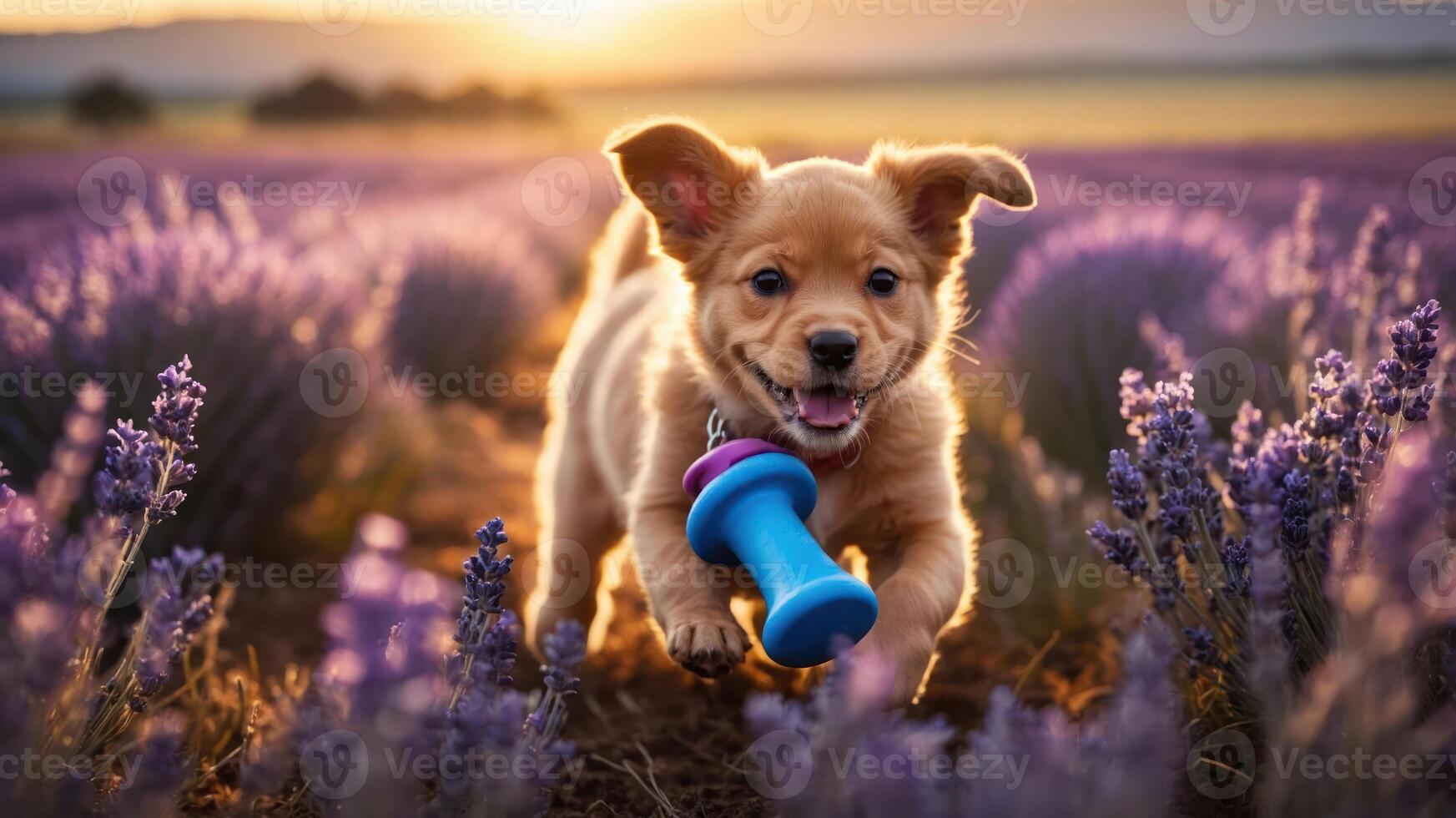 A playful puppy running through a lavender field during sunset. photo