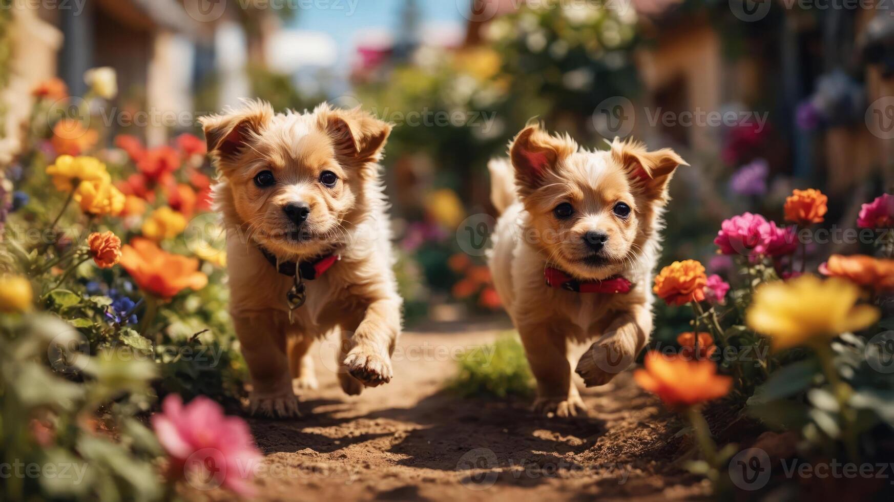Two playful puppies running through a colorful flower garden. photo