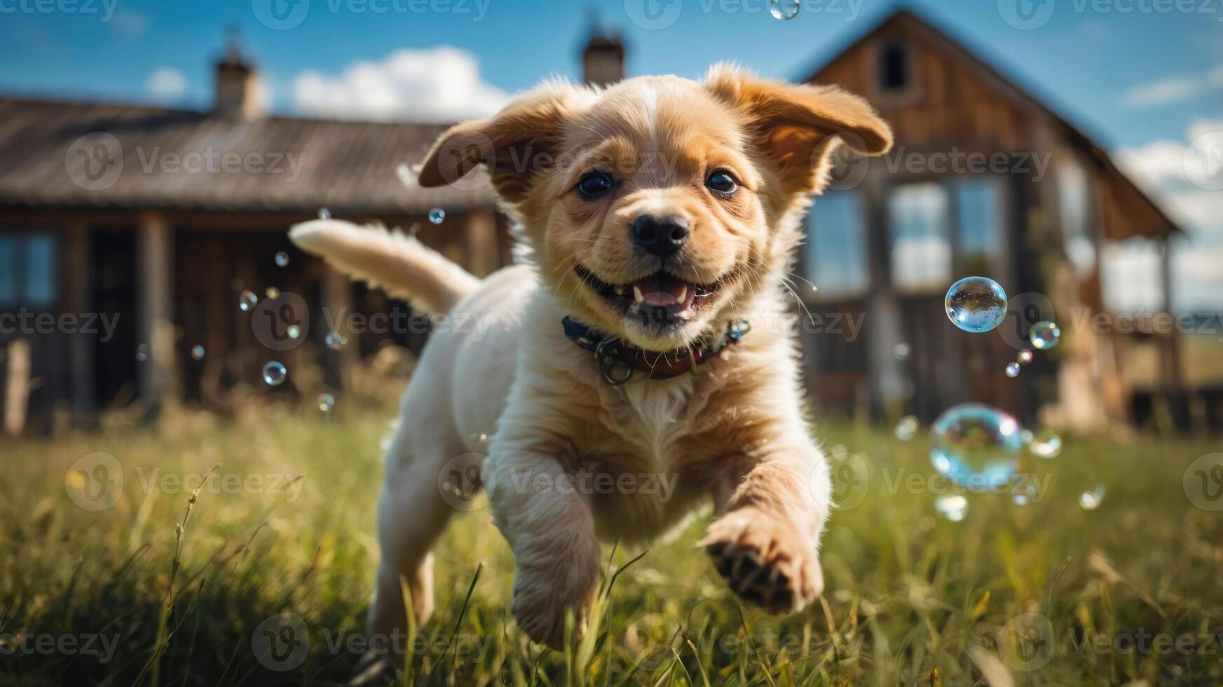 A joyful puppy running through grass with bubbles in a sunny outdoor setting. photo