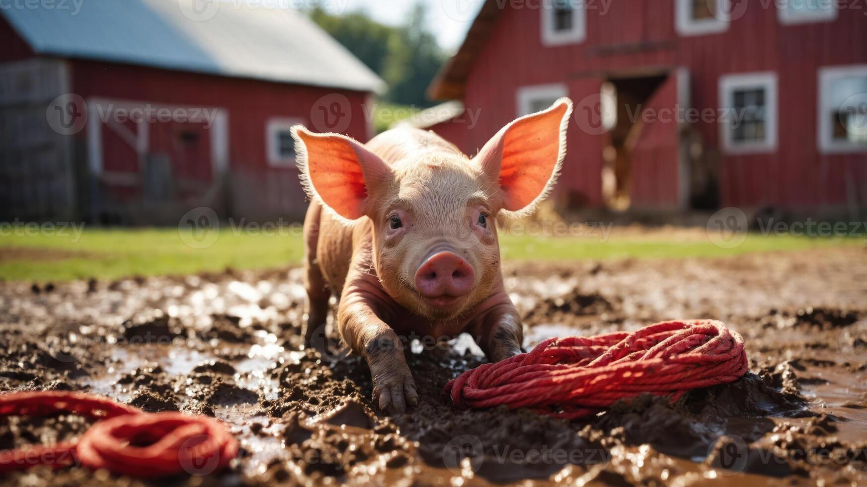 A playful piglet in a muddy farmyard with a rope nearby. photo