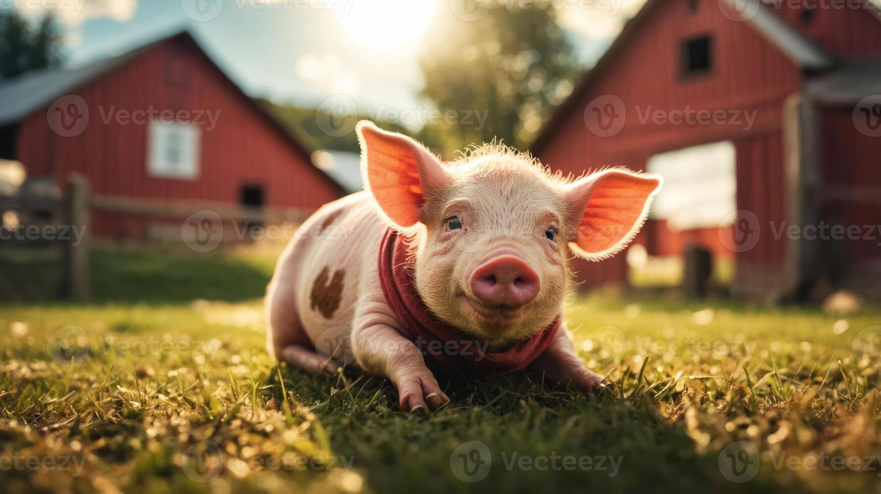 A cute piglet lounging on grass with red barns in the background. photo
