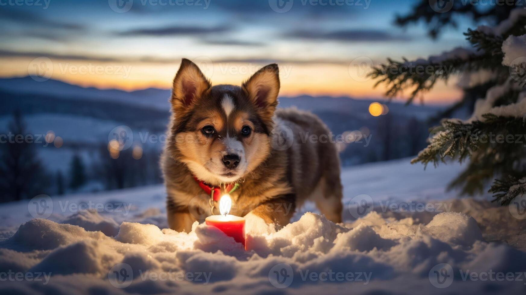 A playful dog in the snow with a candle at sunset, creating a warm winter scene. photo