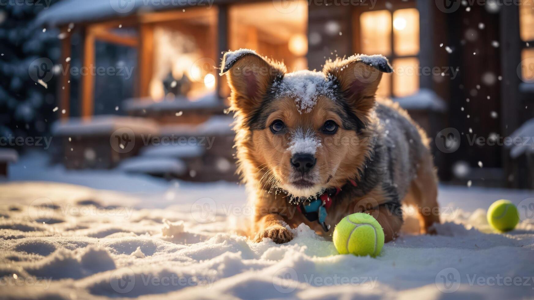 A playful dog with snow on its fur, surrounded by tennis balls in a wintery landscape. photo