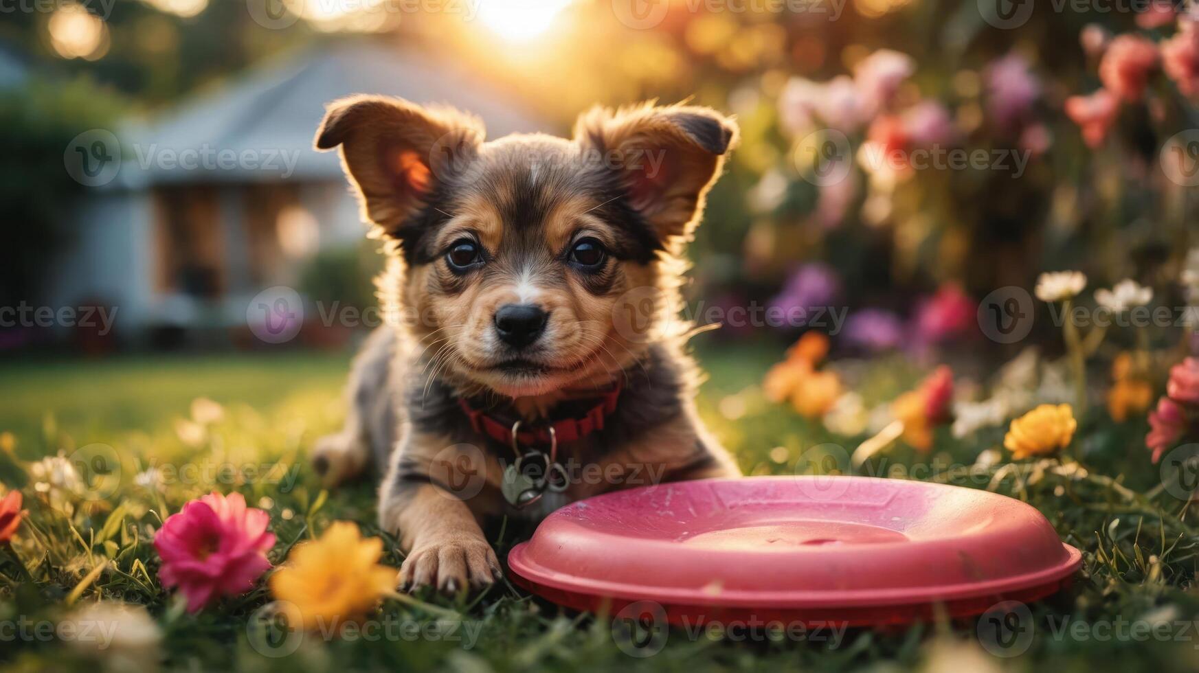 A playful puppy rests beside a frisbee in a vibrant garden during sunset. photo