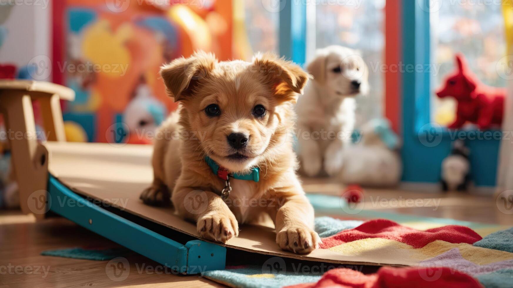 A playful puppy lounging on a ramp in a colorful, cheerful environment with other puppies. photo