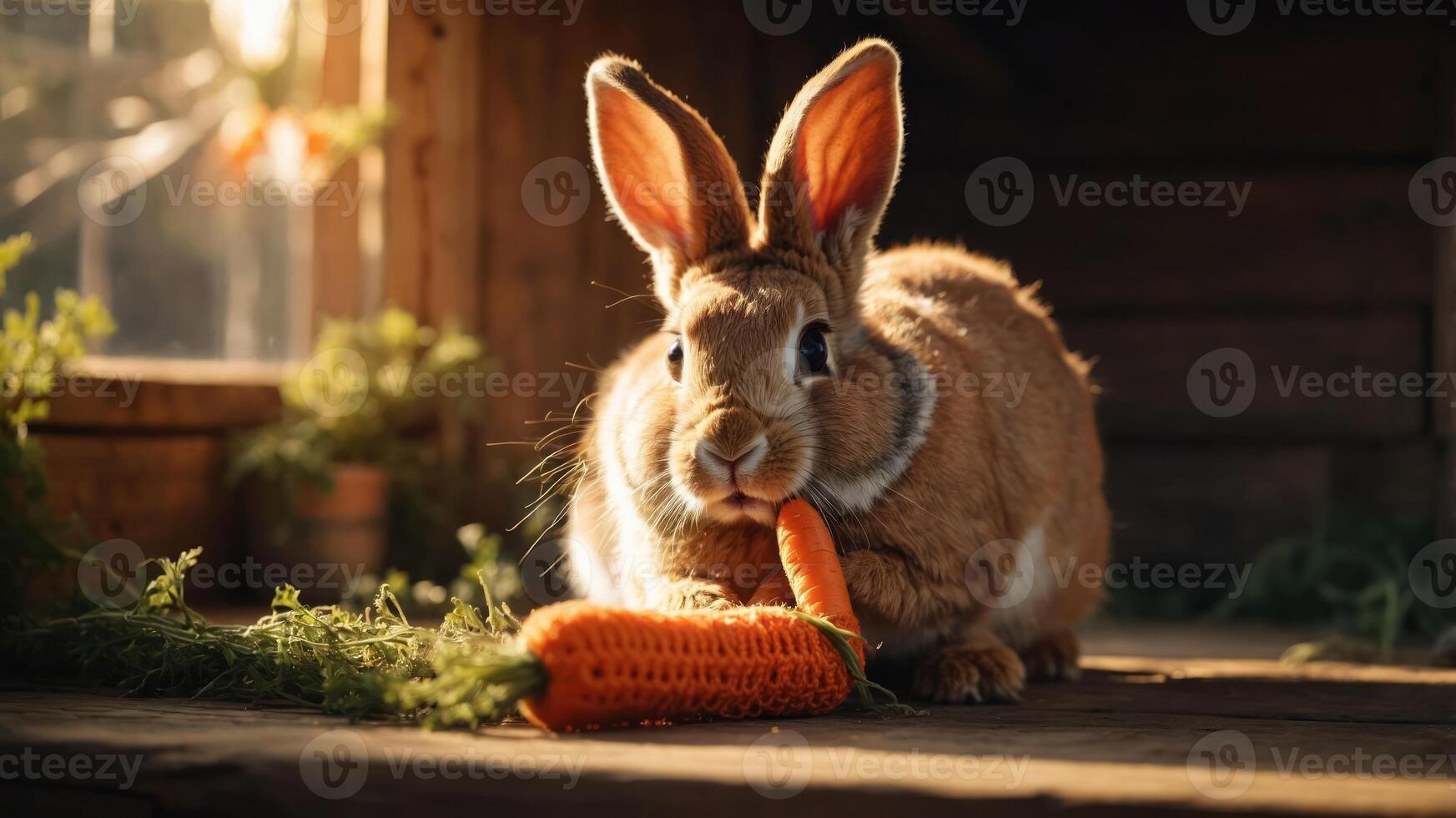 A fluffy rabbit munching on a bright carrot in a cozy setting. photo
