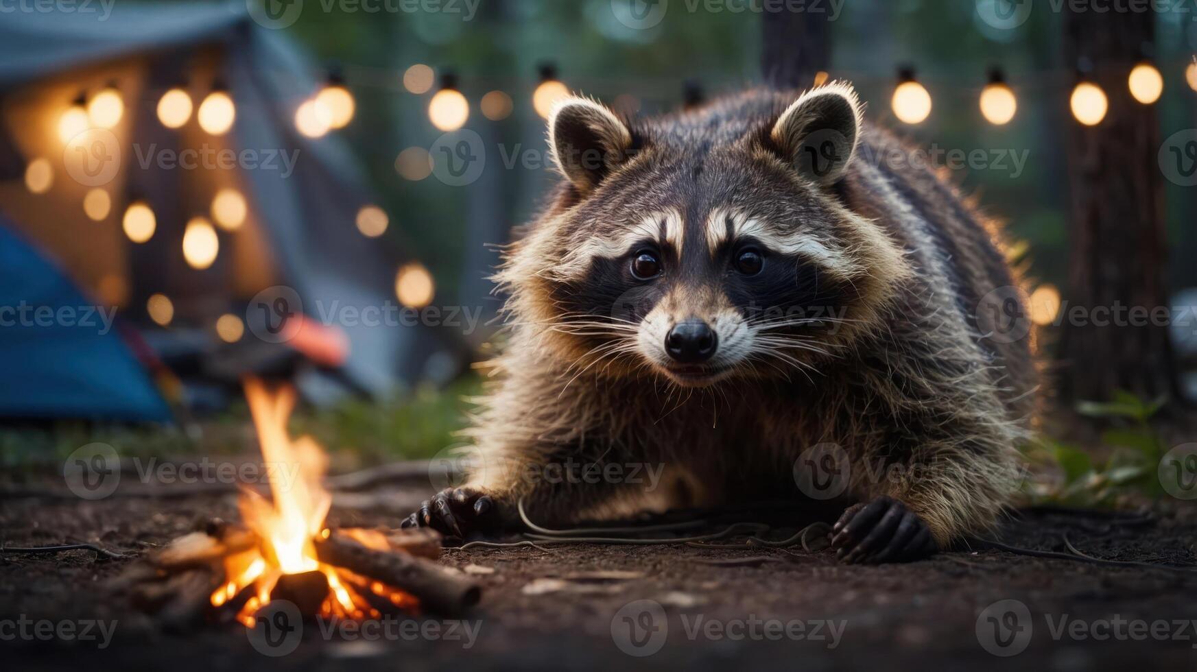 A raccoon near a campfire in a forest setting, with string lights in the background. photo