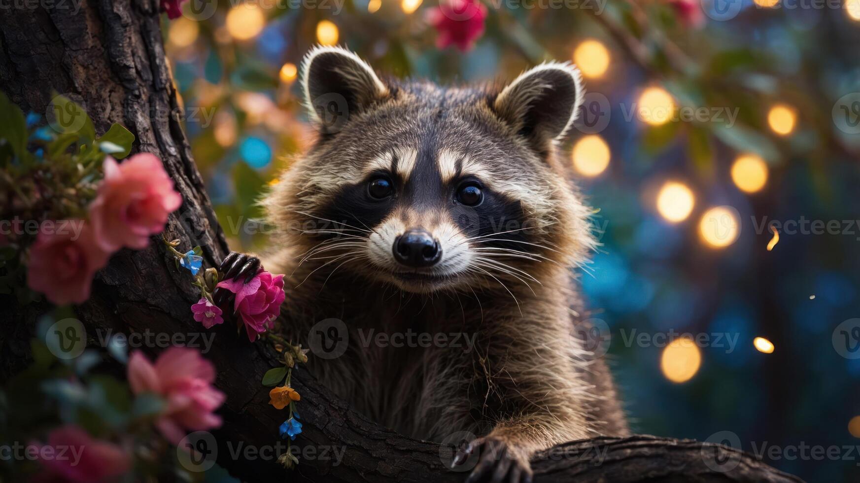 A raccoon perched on a tree branch surrounded by flowers and soft glowing lights. photo