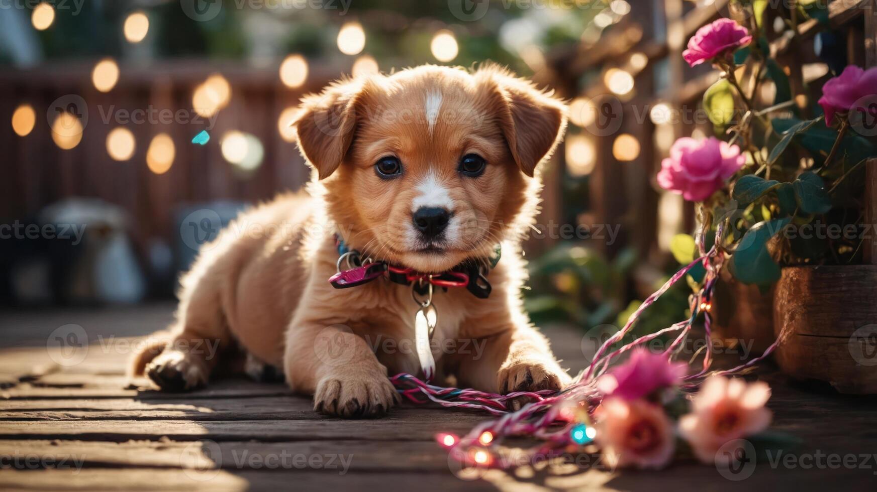 A cute puppy resting on a wooden surface surrounded by flowers and decorative lights. photo