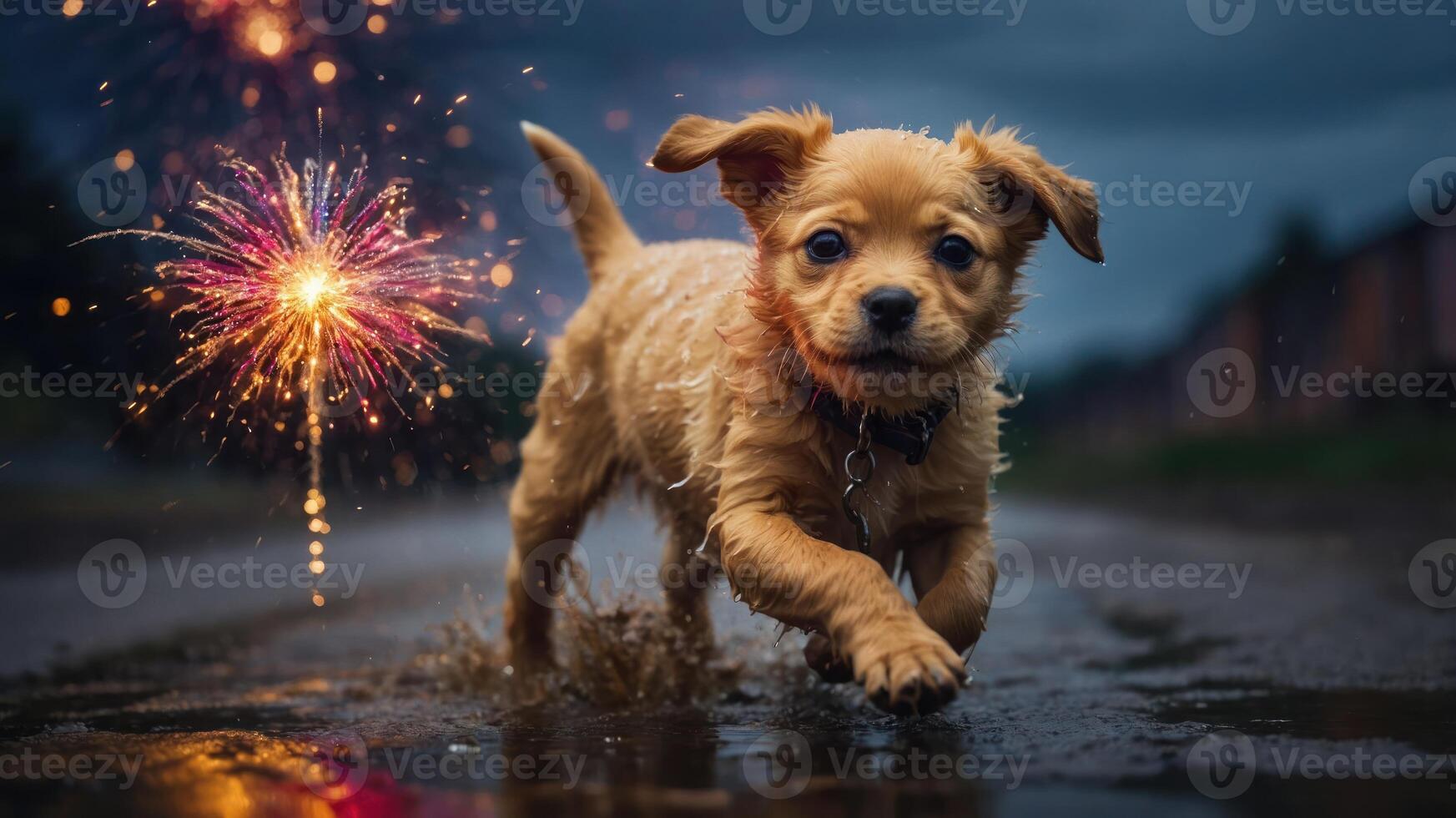 A playful puppy splashes through a puddle with fireworks in the background. photo