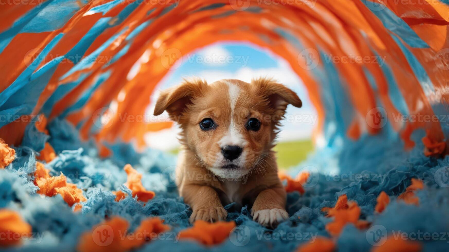 A playful puppy exploring a colorful, textured tunnel of fabric. photo