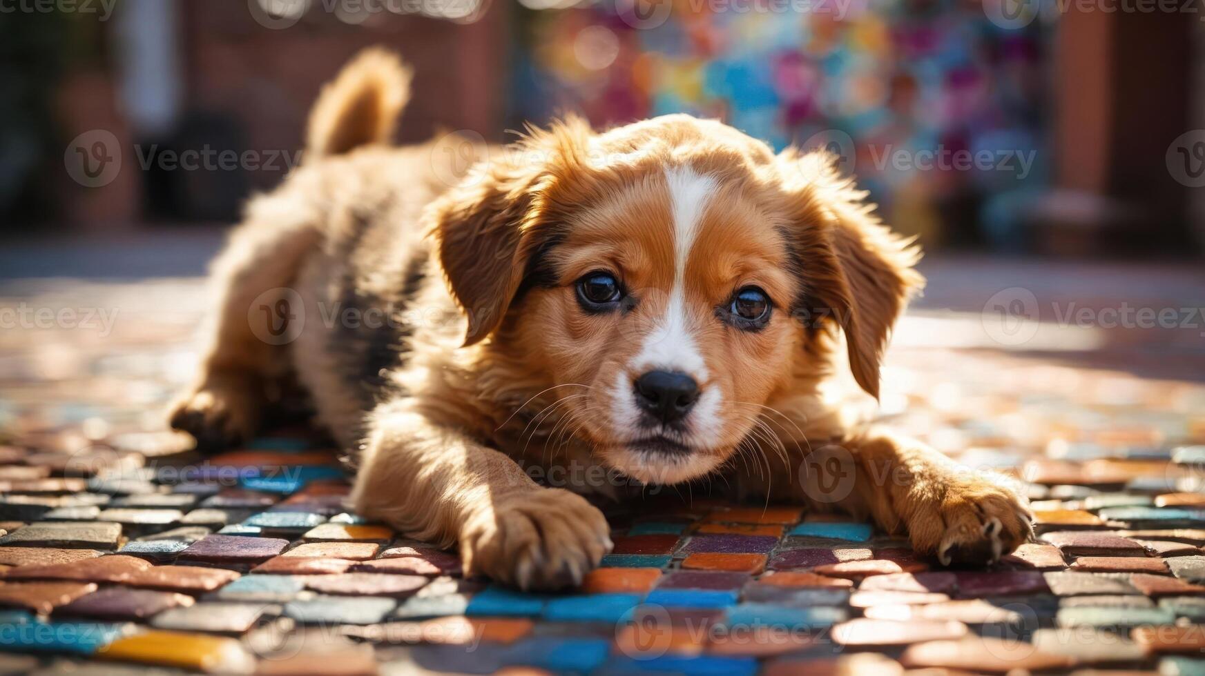A playful puppy lying on a colorful stone surface, showcasing its curious expression. photo