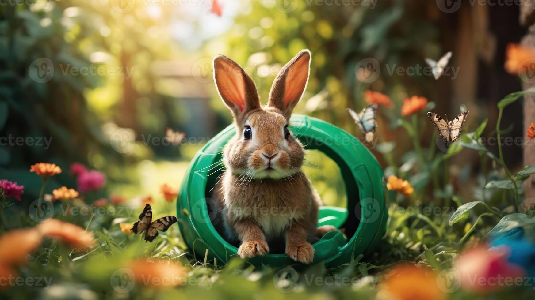 A cute rabbit sits in a green tunnel surrounded by flowers and butterflies in a sunny garden. photo
