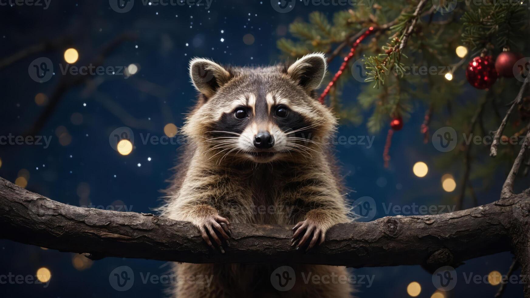 A raccoon perched on a branch, surrounded by festive decorations and soft lights. photo