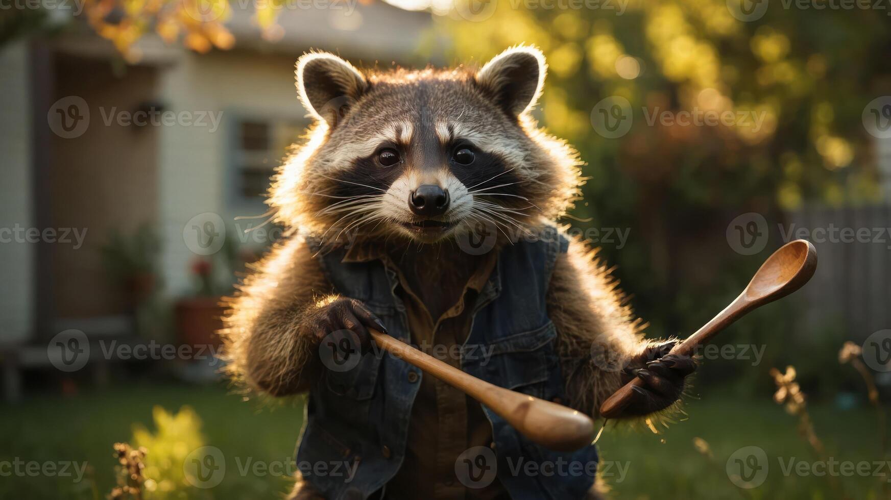A raccoon wearing a vest holds wooden spoons in a backyard setting, exuding a playful vibe. photo