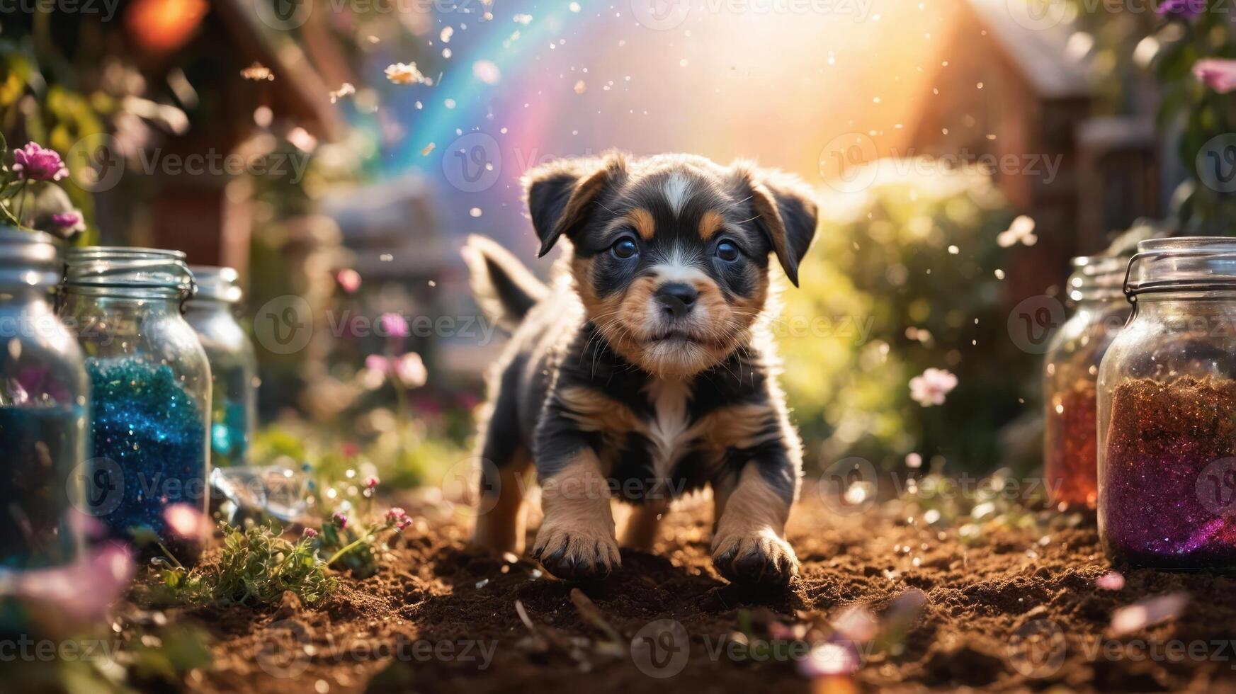 A playful puppy exploring a colorful garden with sparkling jars in a sunlit setting. photo