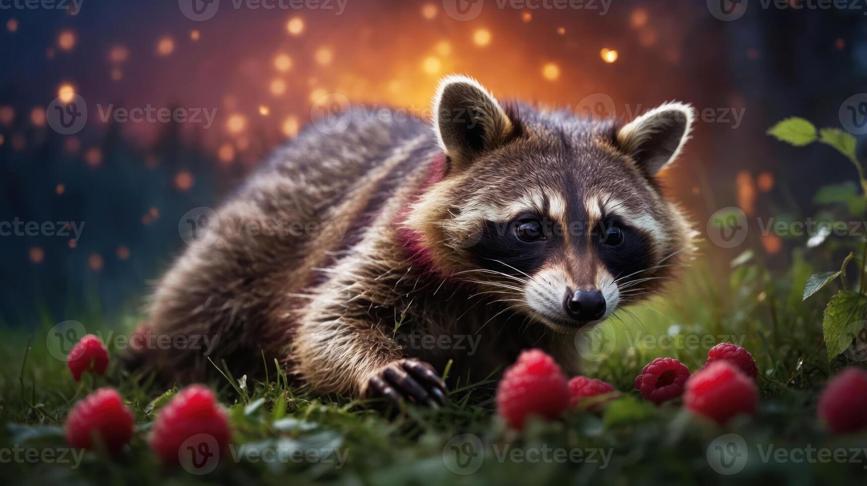 A raccoon curiously approaches fresh raspberries in a forest setting. photo