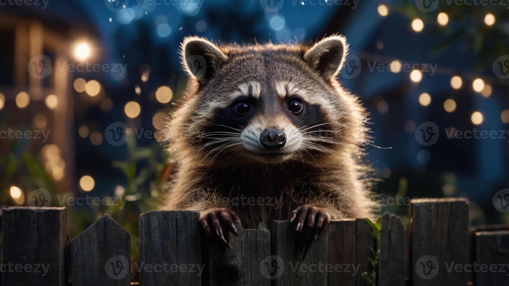 A raccoon peeks over a wooden fence at night, surrounded by soft glowing lights. photo
