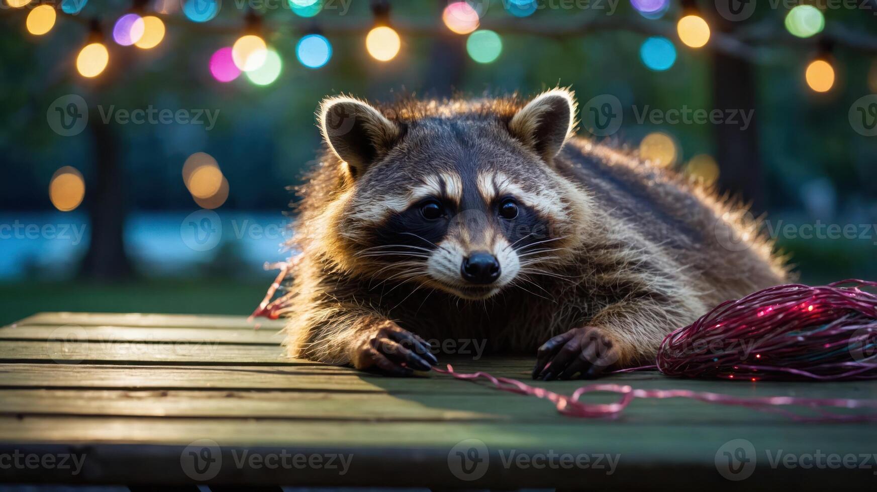 A raccoon rests on a table adorned with colorful lights, creating a cozy outdoor ambiance. photo