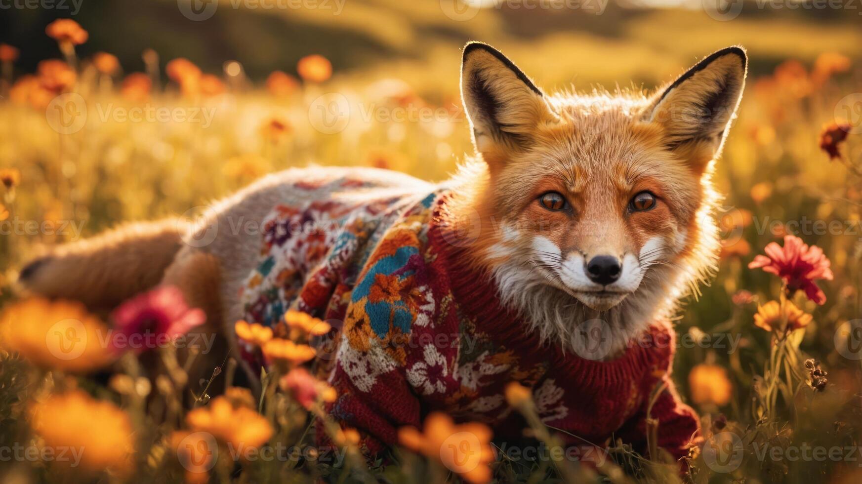 A fox in a colorful sweater lying in a flower-filled meadow during sunset. photo
