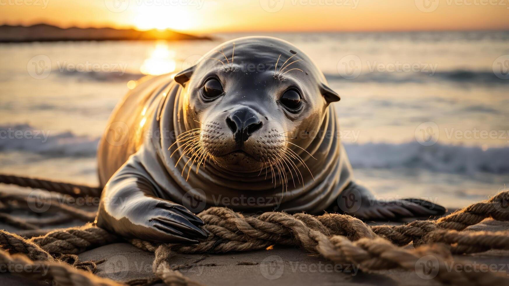 A seal resting on ropes at sunset by the shore, showcasing nature's beauty. photo