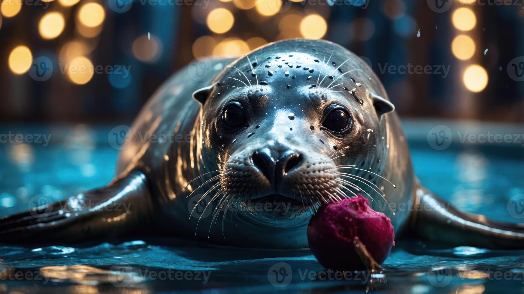 A seal in water holding a colorful object, illuminated by soft lights in the background. photo