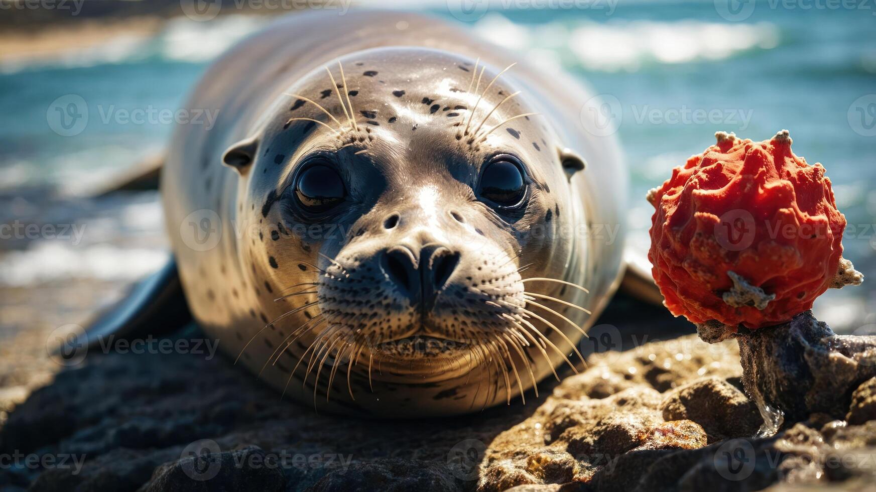 A seal resting on a rocky shore with a vibrant orange object nearby. photo