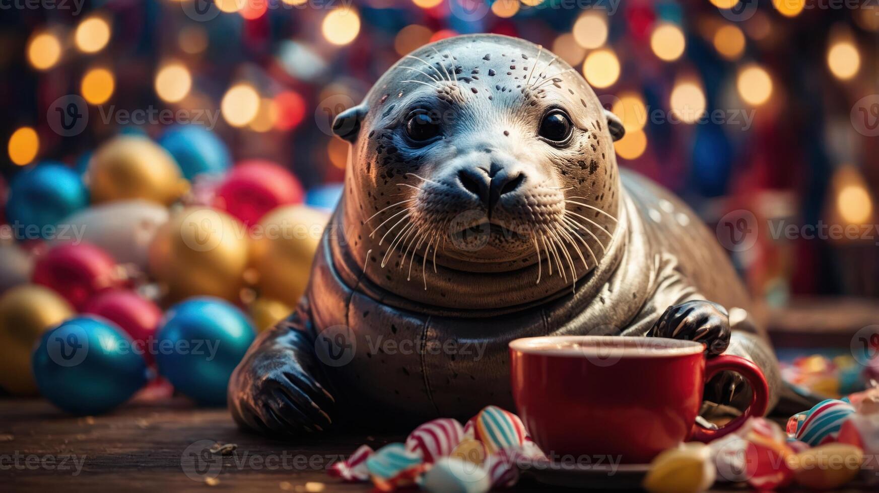 A cute seal resting beside a red cup, surrounded by festive decorations. photo