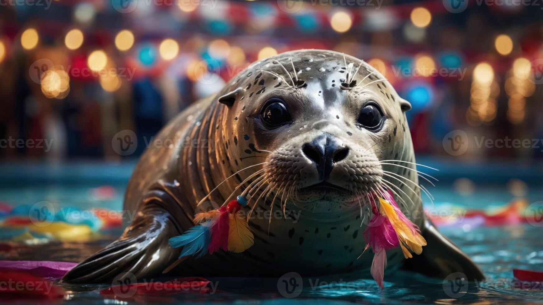 A playful seal adorned with colorful decorations in a festive aquatic setting. photo