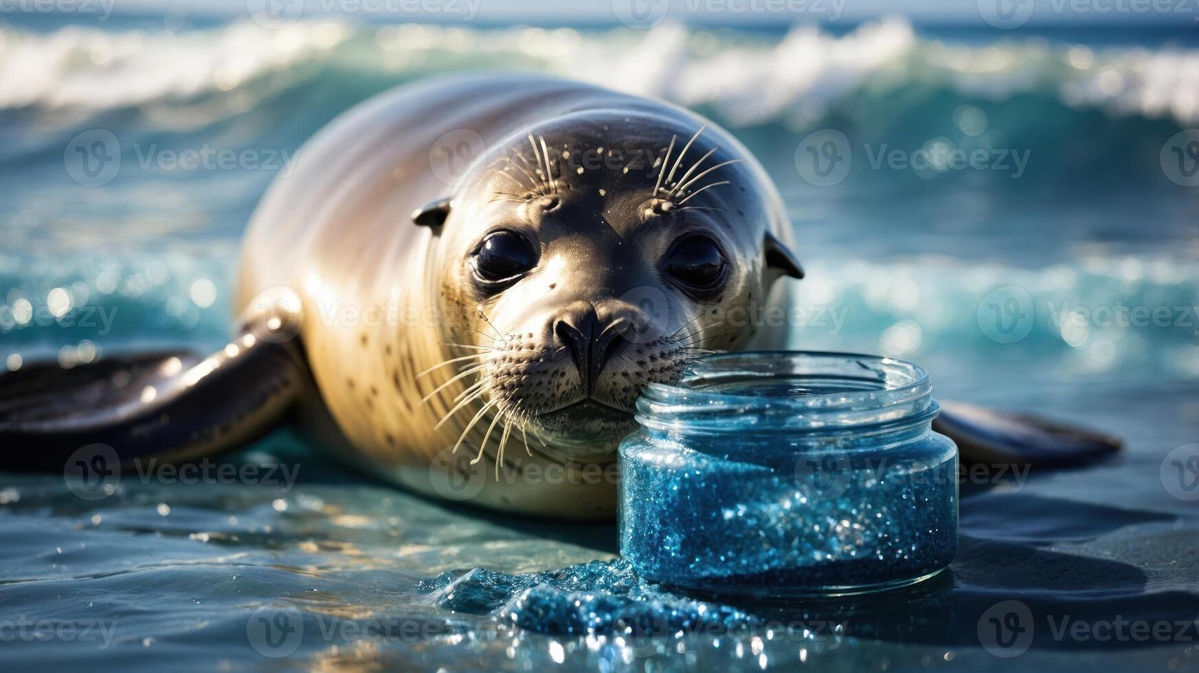A seal curiously interacts with a jar of blue glitter on a beach. photo