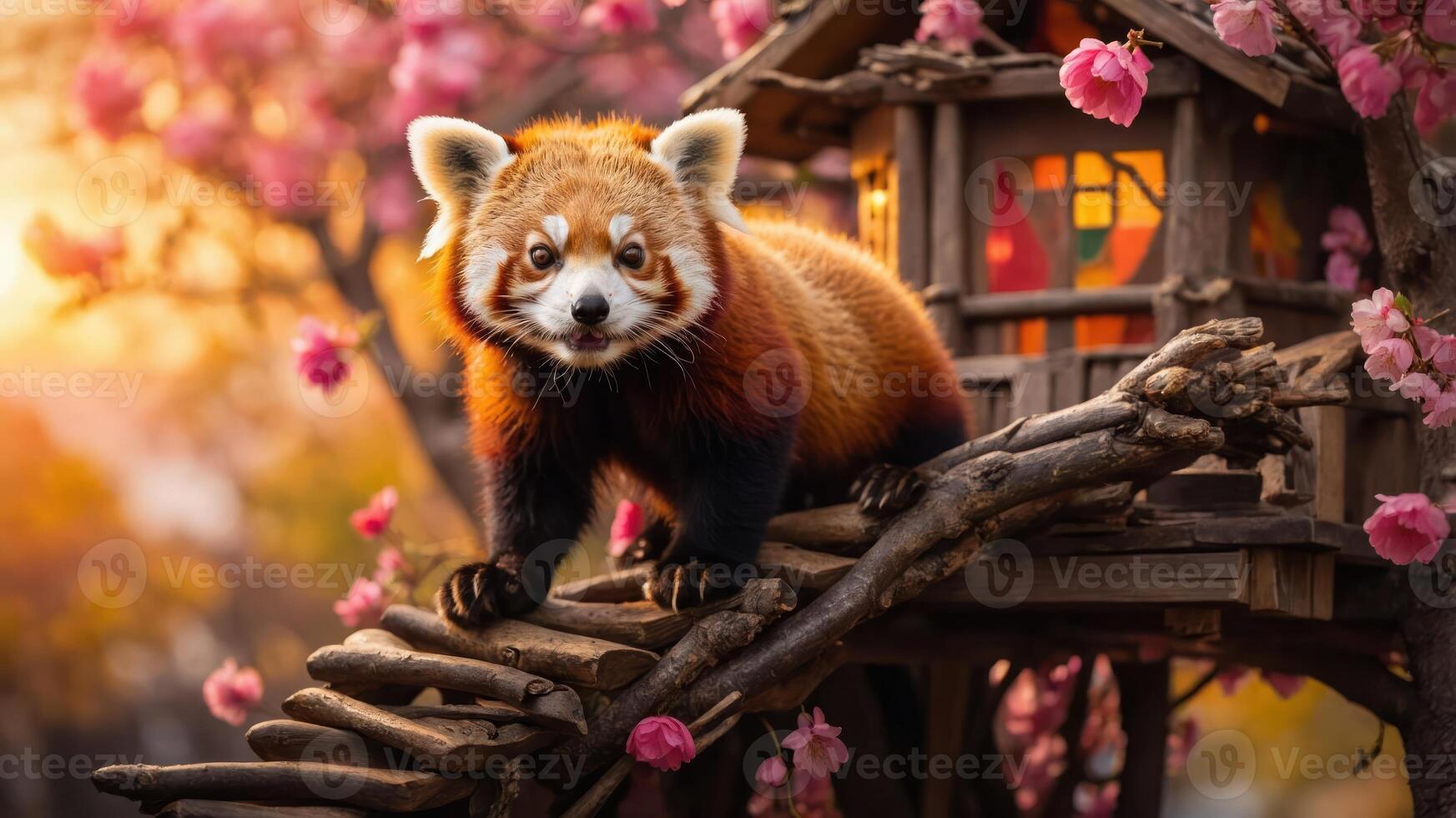 A red panda stands on a wooden structure surrounded by cherry blossoms at sunset. photo