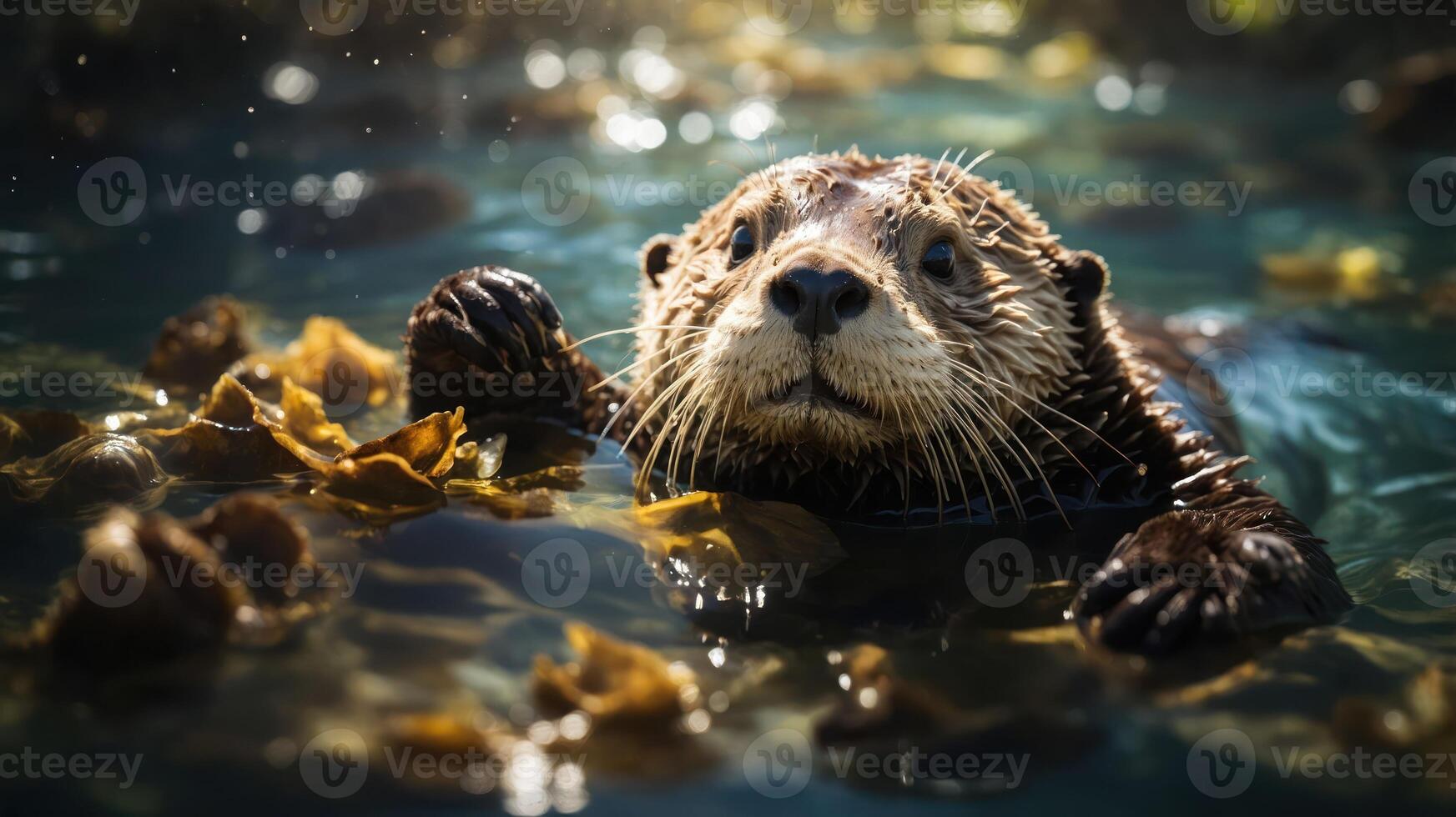 A playful sea otter surrounded by kelp in a serene aquatic environment. photo
