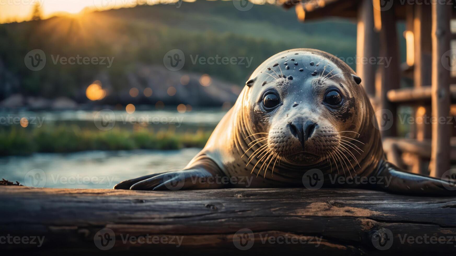 A close-up of a seal resting on a log with a serene natural background. photo