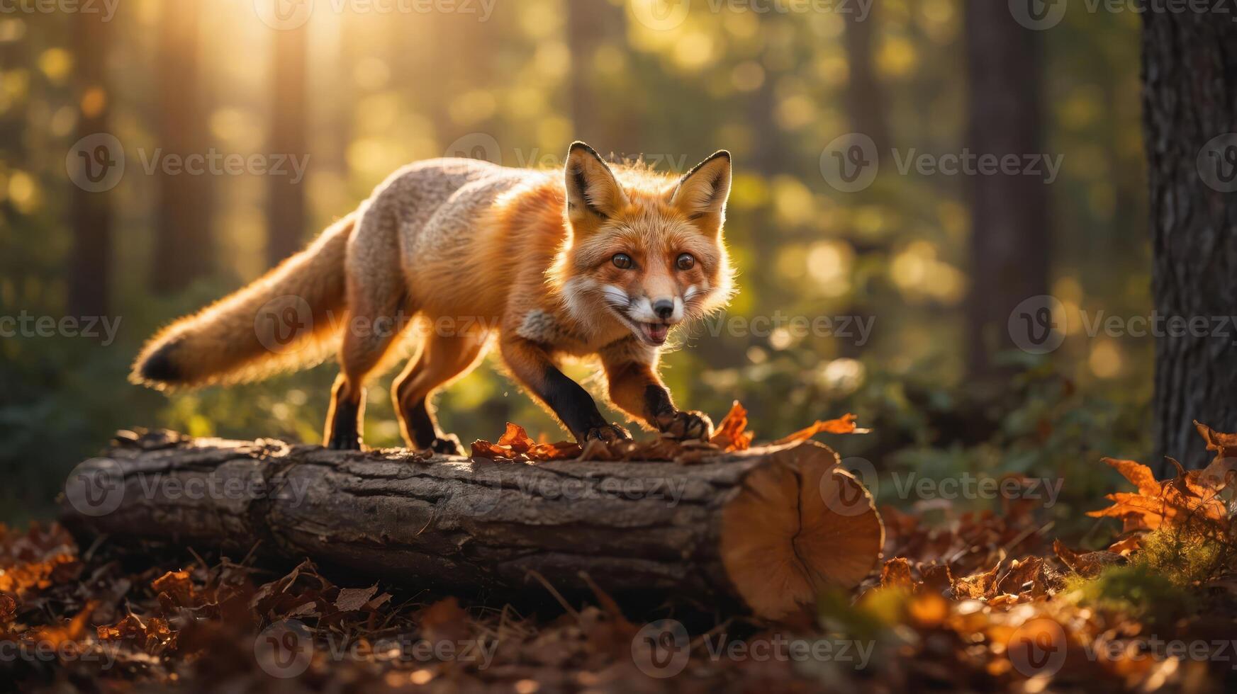 A fox standing on a log in a sunlit forest, surrounded by autumn leaves. photo