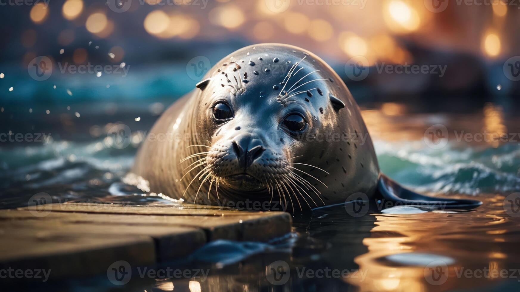 A close-up of a seal in water, showcasing its playful expression and wet fur. photo