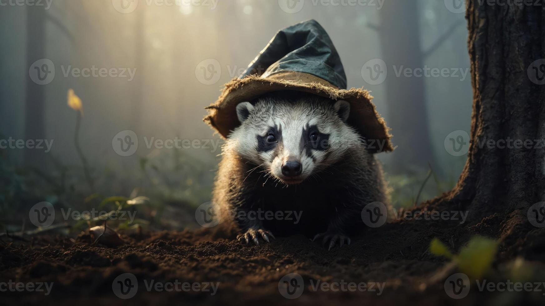 A raccoon wearing a hat in a misty forest setting, evoking a whimsical atmosphere. photo