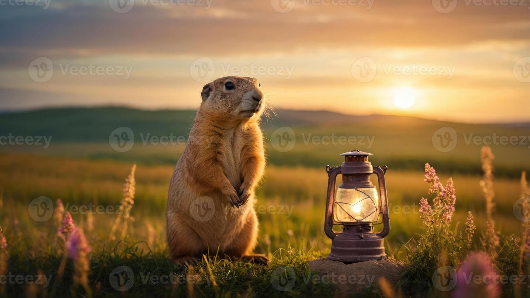 A prairie dog stands beside a lantern at sunset in a serene landscape. photo