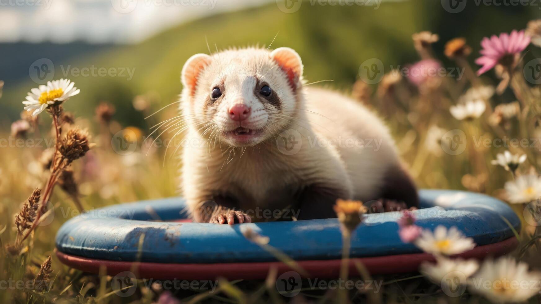 A playful ferret sits on a colorful frisbee amidst a field of flowers. photo