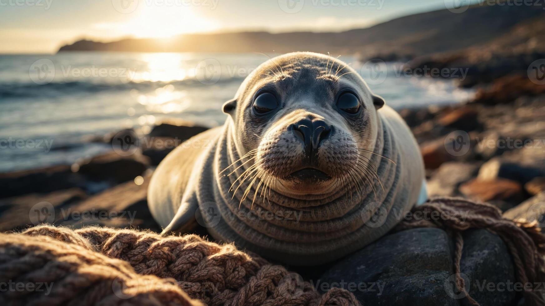 A close-up of a seal resting on rocks by the shore during sunset. photo