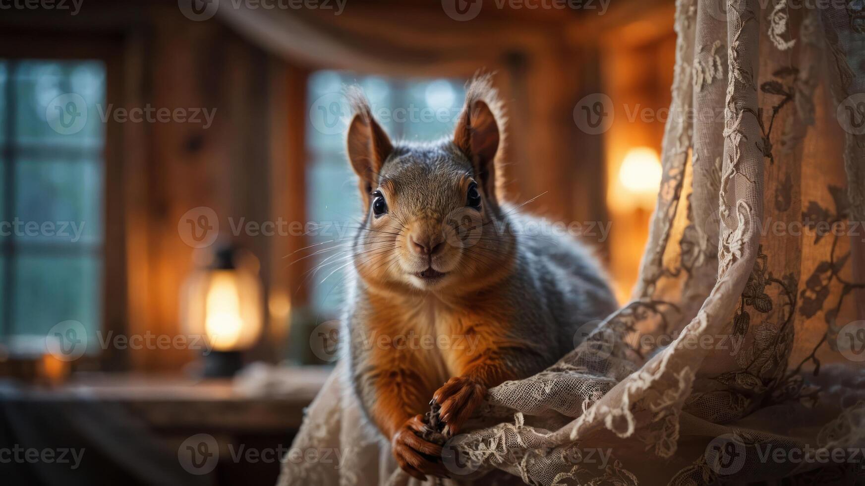 A close-up of a squirrel resting on a wooden surface with warm lighting in a cozy room. photo